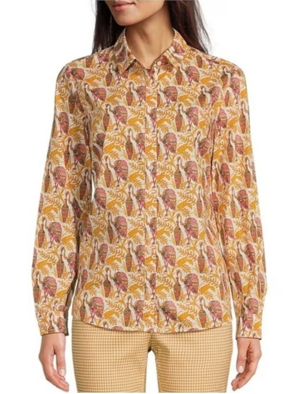 J. McLaughlin Lois Cotton Mustard Pink Flamingo Print Button-Down Shirt NWT $178